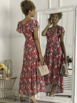 Jolie Moi Occasion Dresses|Mesh Dresses-Piper Dip Hem Mesh Maxi Dress, Hot Pink