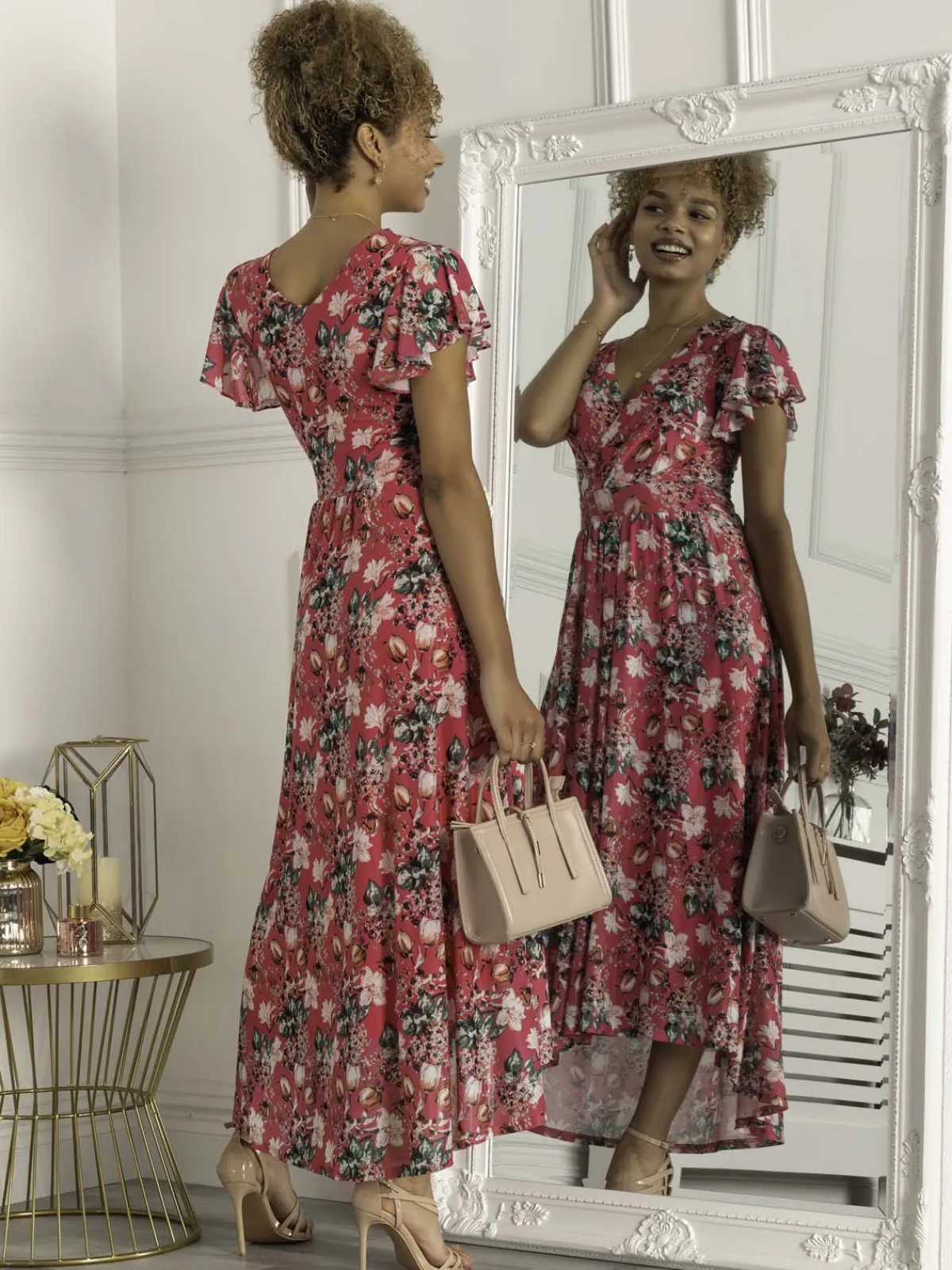 Jolie Moi Occasion Dresses|Mesh Dresses-Piper Dip Hem Mesh Maxi Dress, Hot Pink