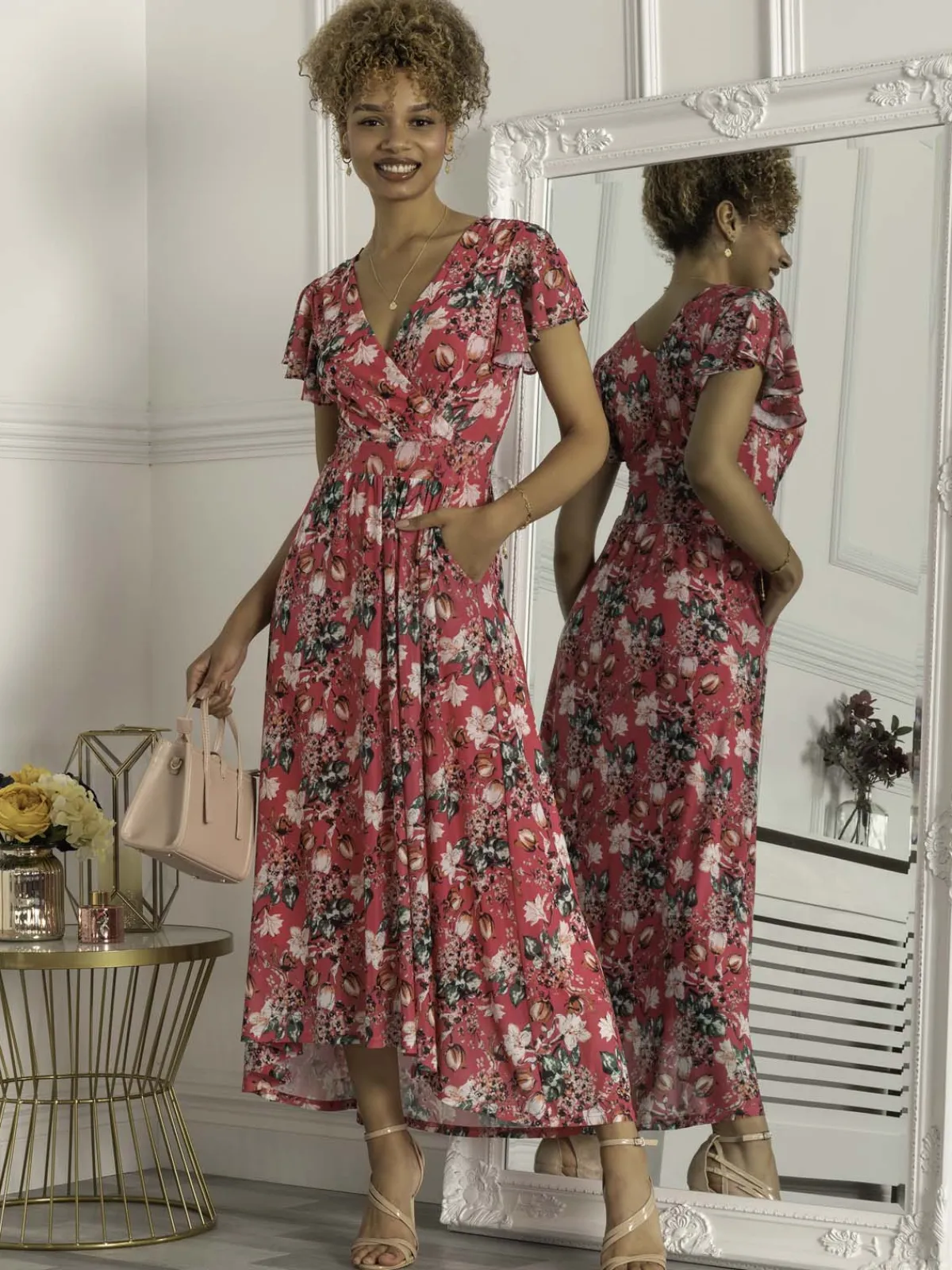Jolie Moi Occasion Dresses|Mesh Dresses-Piper Dip Hem Mesh Maxi Dress, Hot Pink