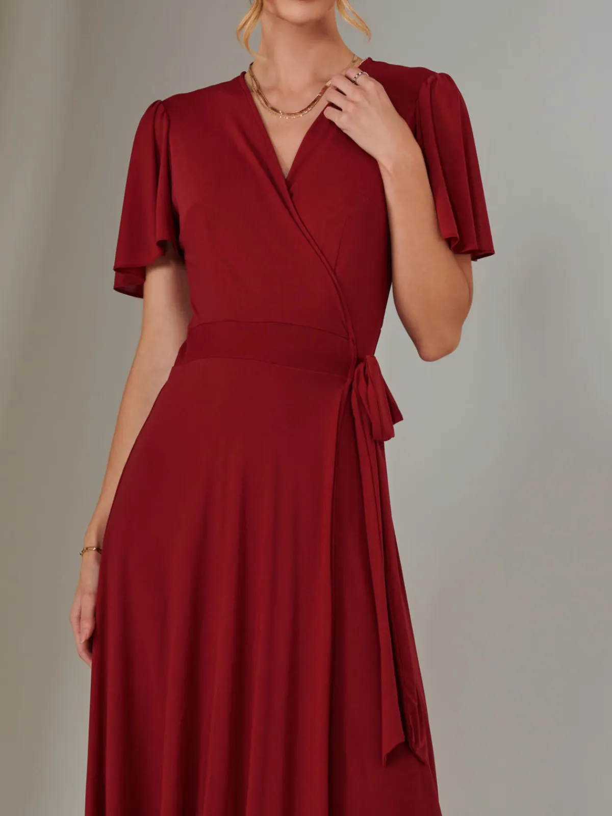 Jolie Moi Occasion Dresses|Wrap Dresses-Plain Angel Sleeve Wrapped Maxi Dress, Brick Red