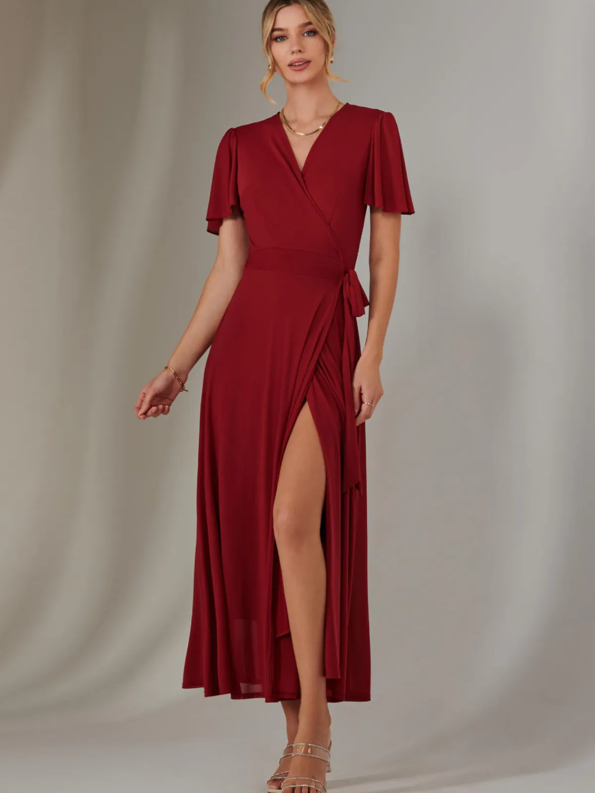 Jolie Moi Occasion Dresses|Wrap Dresses-Plain Angel Sleeve Wrapped Maxi Dress, Brick Red