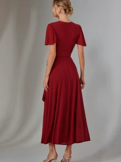 Jolie Moi Occasion Dresses|Wrap Dresses-Plain Angel Sleeve Wrapped Maxi Dress, Brick Red