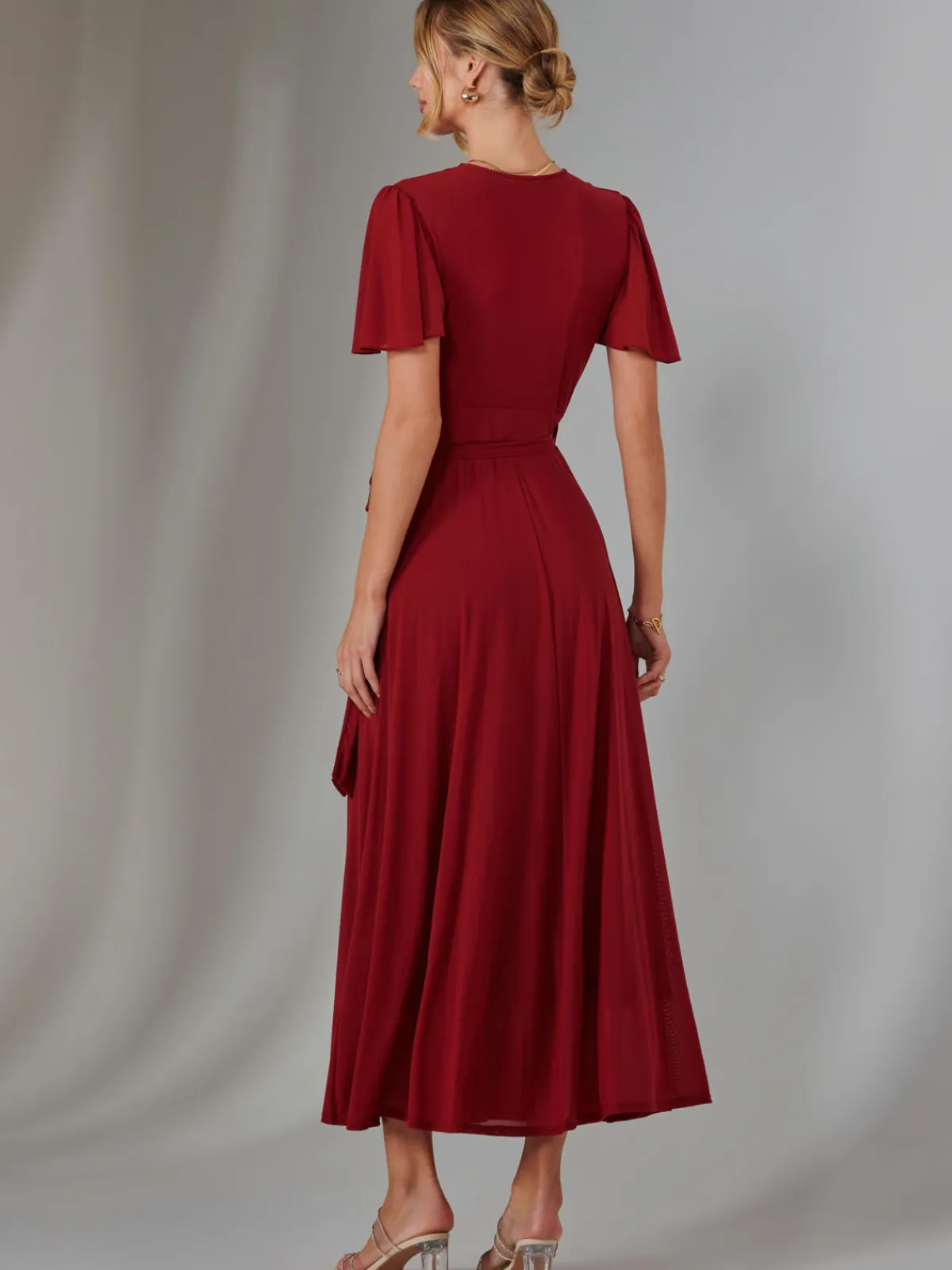 Jolie Moi Occasion Dresses|Wrap Dresses-Plain Angel Sleeve Wrapped Maxi Dress, Brick Red