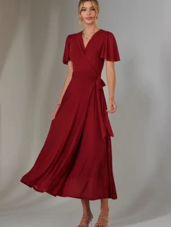 Jolie Moi Occasion Dresses|Wrap Dresses-Plain Angel Sleeve Wrapped Maxi Dress, Brick Red