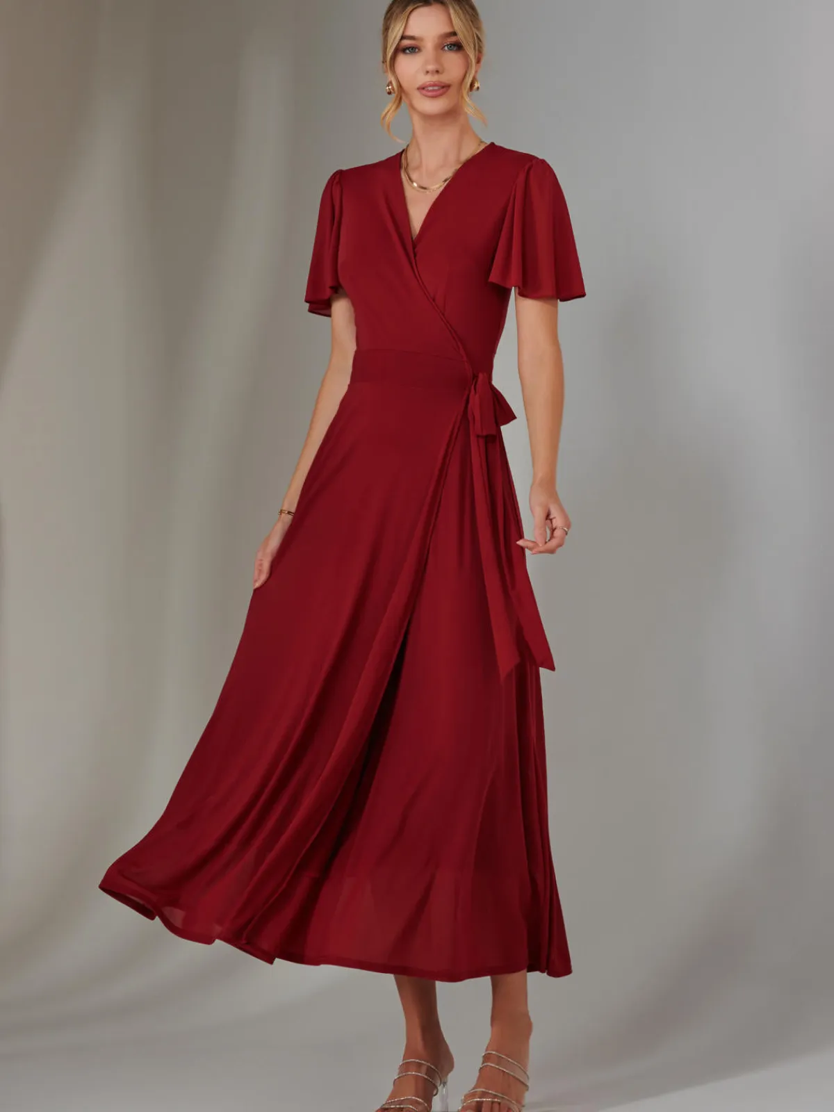 Jolie Moi Occasion Dresses|Wrap Dresses-Plain Angel Sleeve Wrapped Maxi Dress, Brick Red
