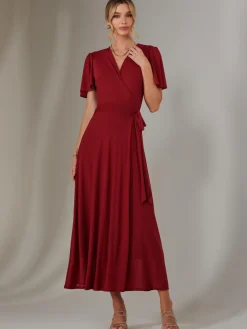 Jolie Moi Occasion Dresses|Wrap Dresses-Plain Angel Sleeve Wrapped Maxi Dress, Brick Red