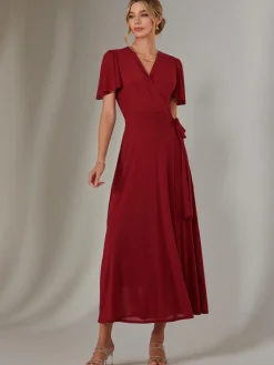 Jolie Moi Occasion Dresses|Wrap Dresses-Plain Angel Sleeve Wrapped Maxi Dress, Brick Red