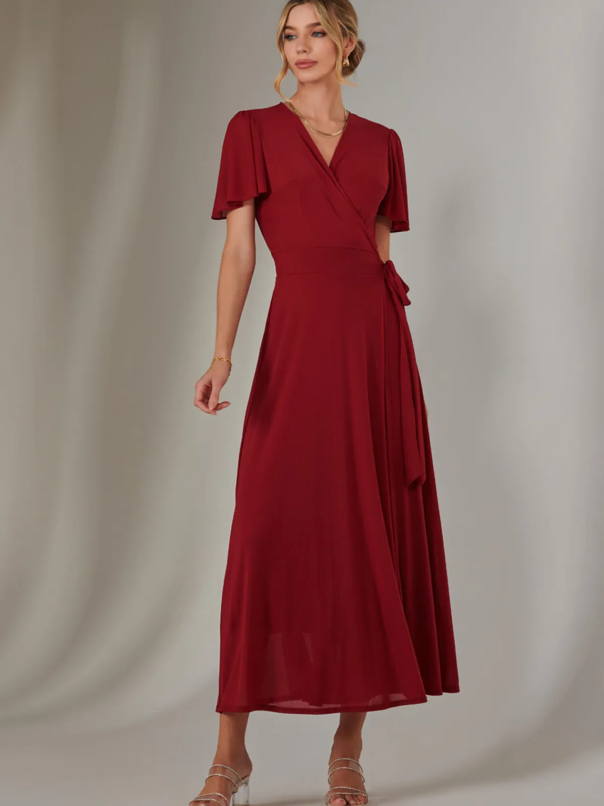 Jolie Moi Occasion Dresses|Wrap Dresses-Plain Angel Sleeve Wrapped Maxi Dress, Brick Red
