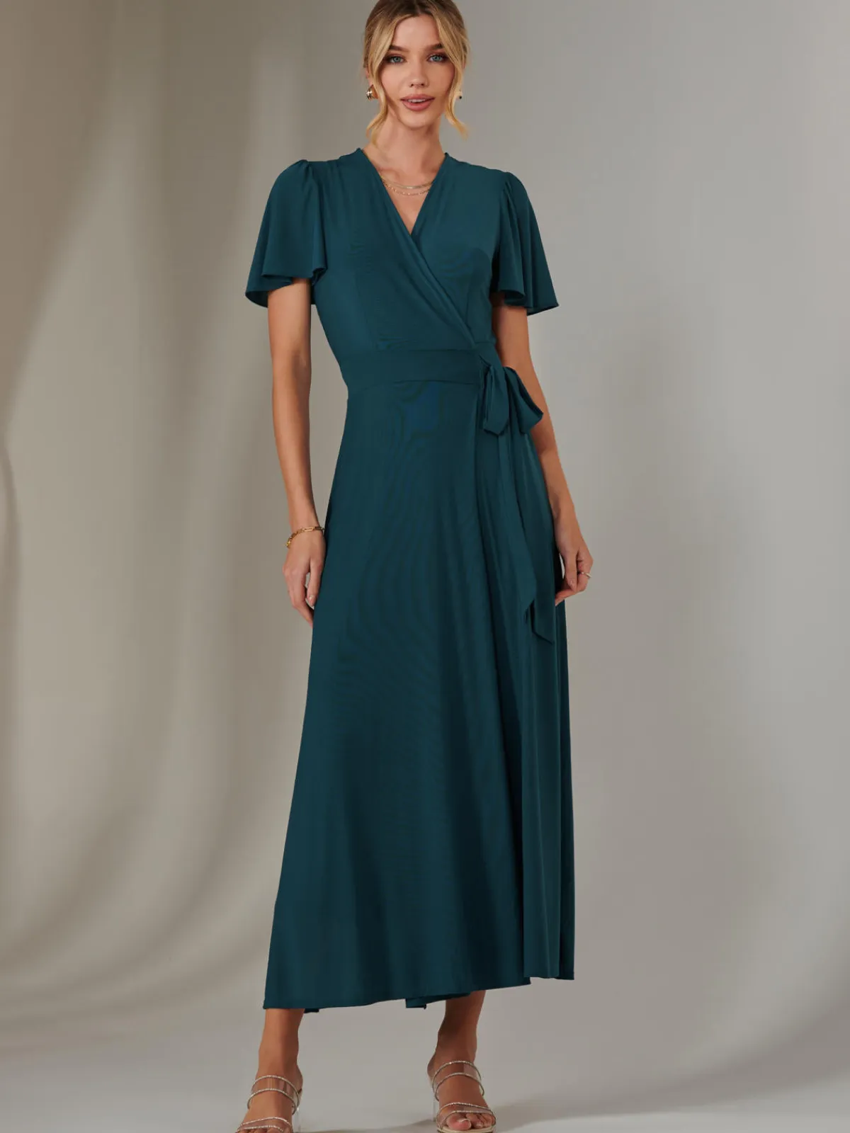 Jolie Moi Occasion Dresses|Wrap Dresses-Plain Angel Sleeve Wrapped Maxi Dress, Dark Teal