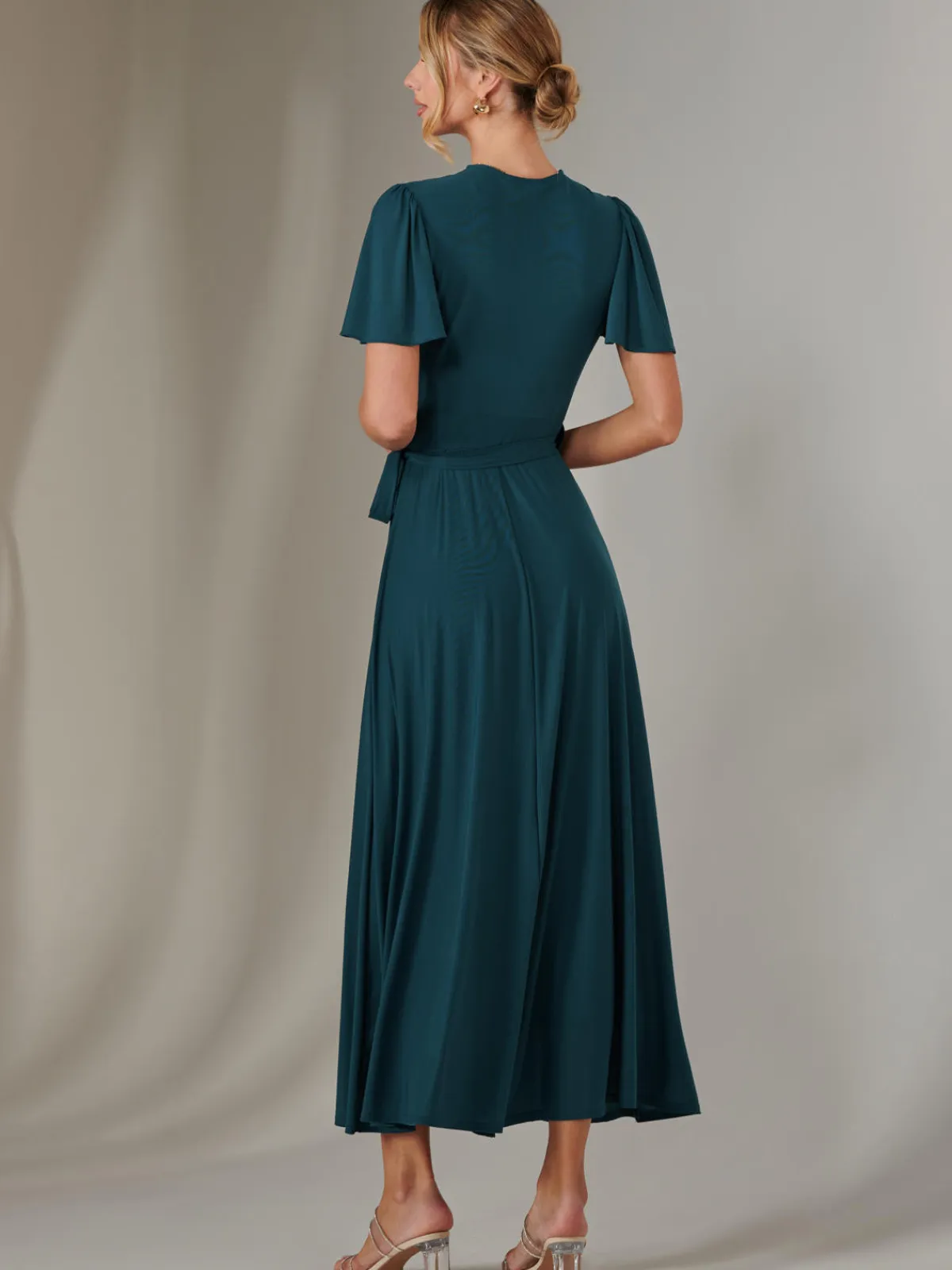 Jolie Moi Occasion Dresses|Wrap Dresses-Plain Angel Sleeve Wrapped Maxi Dress, Dark Teal