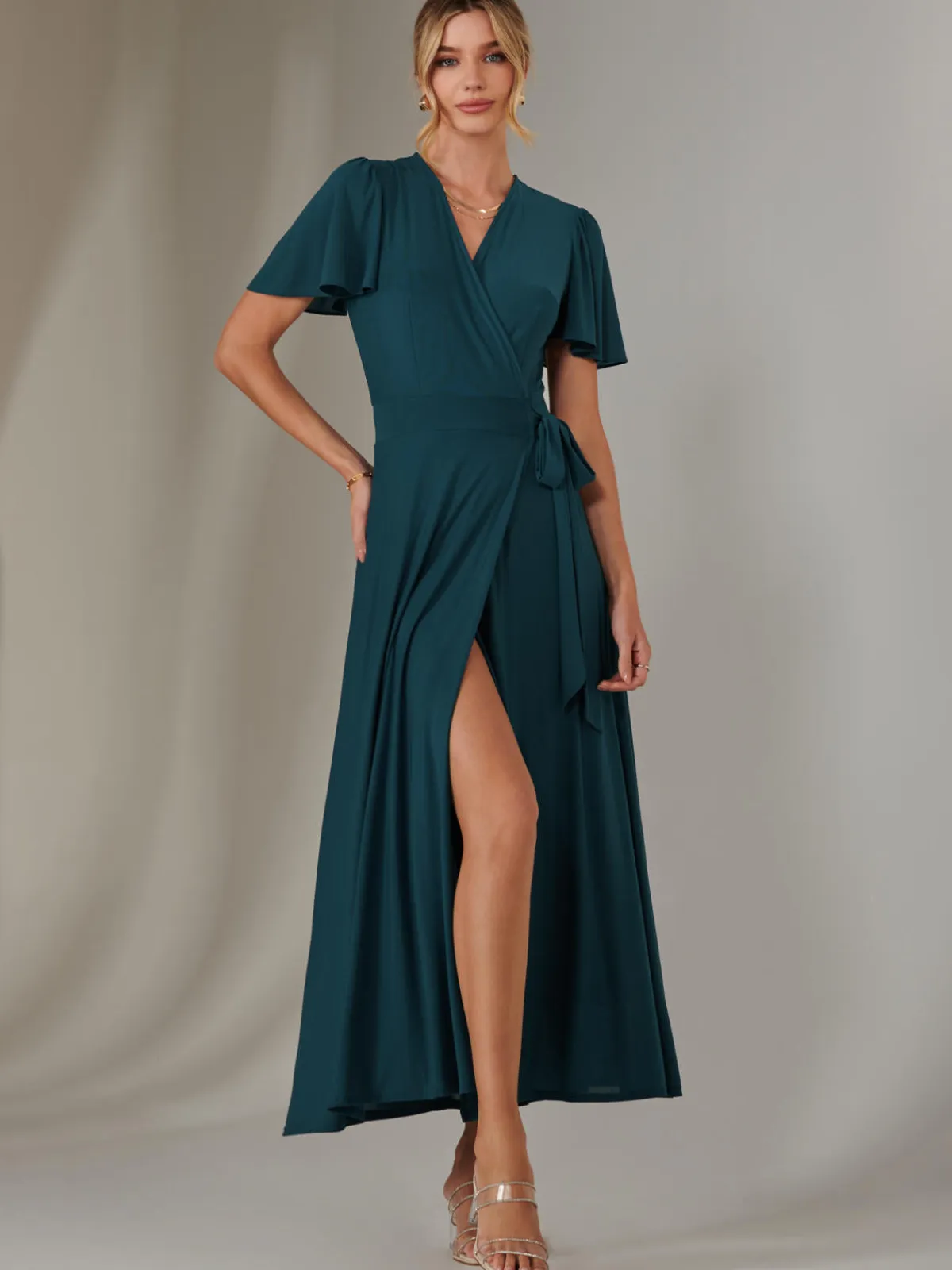 Jolie Moi Occasion Dresses|Wrap Dresses-Plain Angel Sleeve Wrapped Maxi Dress, Dark Teal