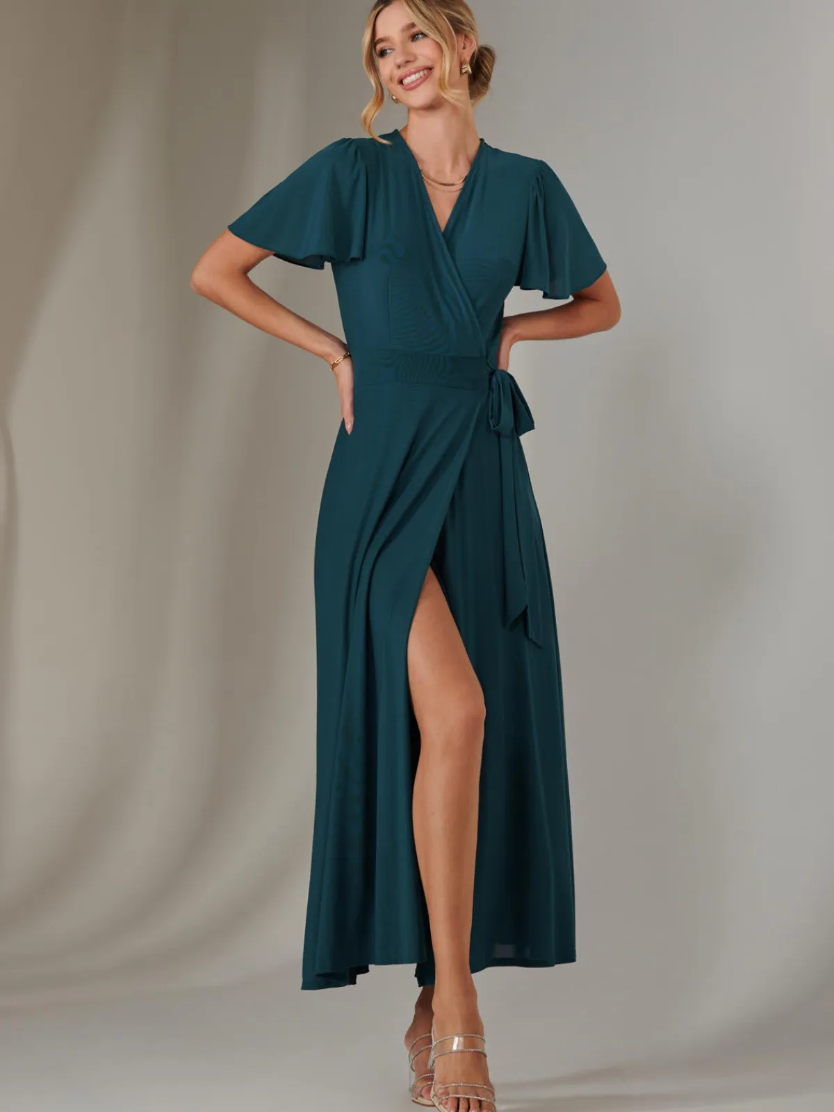 Jolie Moi Occasion Dresses|Wrap Dresses-Plain Angel Sleeve Wrapped Maxi Dress, Dark Teal
