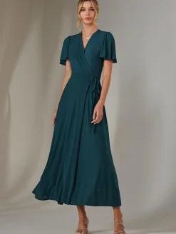 Jolie Moi Occasion Dresses|Wrap Dresses-Plain Angel Sleeve Wrapped Maxi Dress, Dark Teal