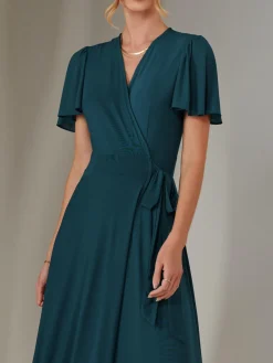 Jolie Moi Occasion Dresses|Wrap Dresses-Plain Angel Sleeve Wrapped Maxi Dress, Dark Teal