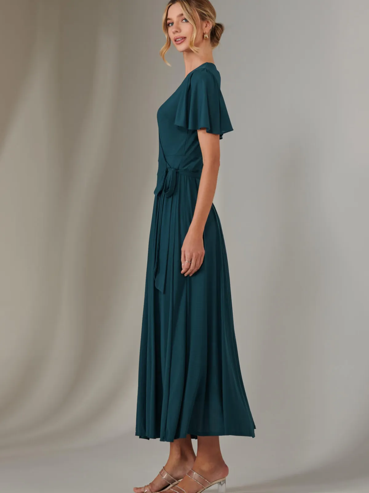 Jolie Moi Occasion Dresses|Wrap Dresses-Plain Angel Sleeve Wrapped Maxi Dress, Dark Teal