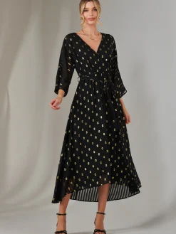 Jolie Moi Occasion Dresses|Weekend Casuals-Plain Gold Spot Chiffon Dress, Black/Gold