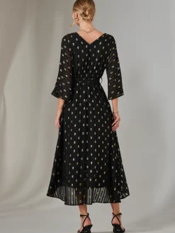 Jolie Moi Occasion Dresses|Weekend Casuals-Plain Gold Spot Chiffon Dress, Black/Gold