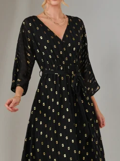 Jolie Moi Occasion Dresses|Weekend Casuals-Plain Gold Spot Chiffon Dress, Black/Gold