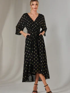 Jolie Moi Occasion Dresses|Weekend Casuals-Plain Gold Spot Chiffon Dress, Black/Gold