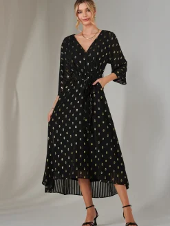 Jolie Moi Occasion Dresses|Weekend Casuals-Plain Gold Spot Chiffon Dress, Black/Gold