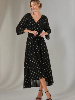Jolie Moi Occasion Dresses|Weekend Casuals-Plain Gold Spot Chiffon Dress, Black/Gold