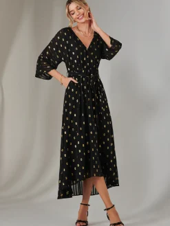Jolie Moi Occasion Dresses|Weekend Casuals-Plain Gold Spot Chiffon Dress, Black/Gold