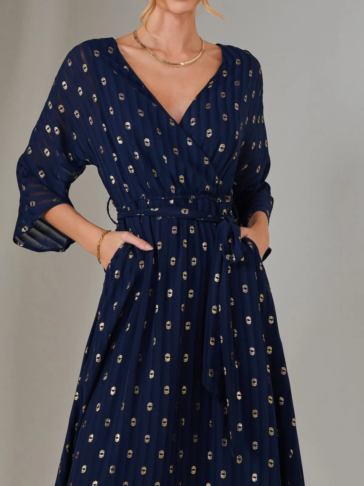 Jolie Moi Occasion Dresses|Wrap Dresses-Plain Gold Spot Chiffon Dress, Navy/Gold