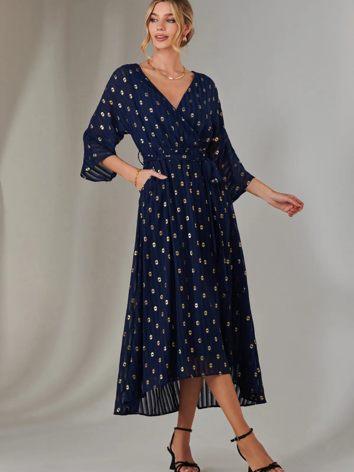Jolie Moi Occasion Dresses|Wrap Dresses-Plain Gold Spot Chiffon Dress, Navy/Gold