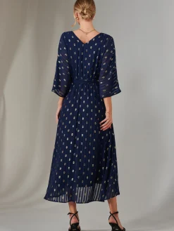 Jolie Moi Occasion Dresses|Wrap Dresses-Plain Gold Spot Chiffon Dress, Navy/Gold