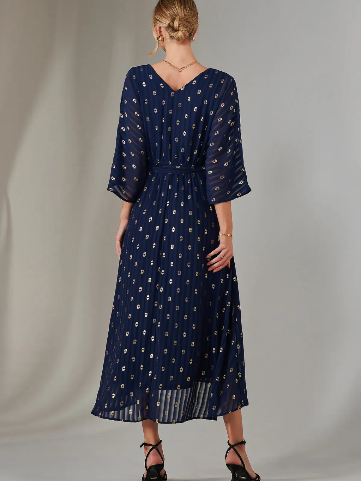 Jolie Moi Occasion Dresses|Wrap Dresses-Plain Gold Spot Chiffon Dress, Navy/Gold