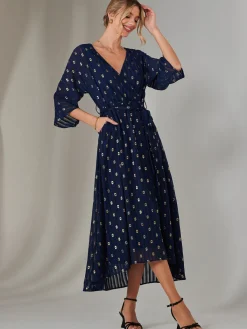 Jolie Moi Occasion Dresses|Wrap Dresses-Plain Gold Spot Chiffon Dress, Navy/Gold