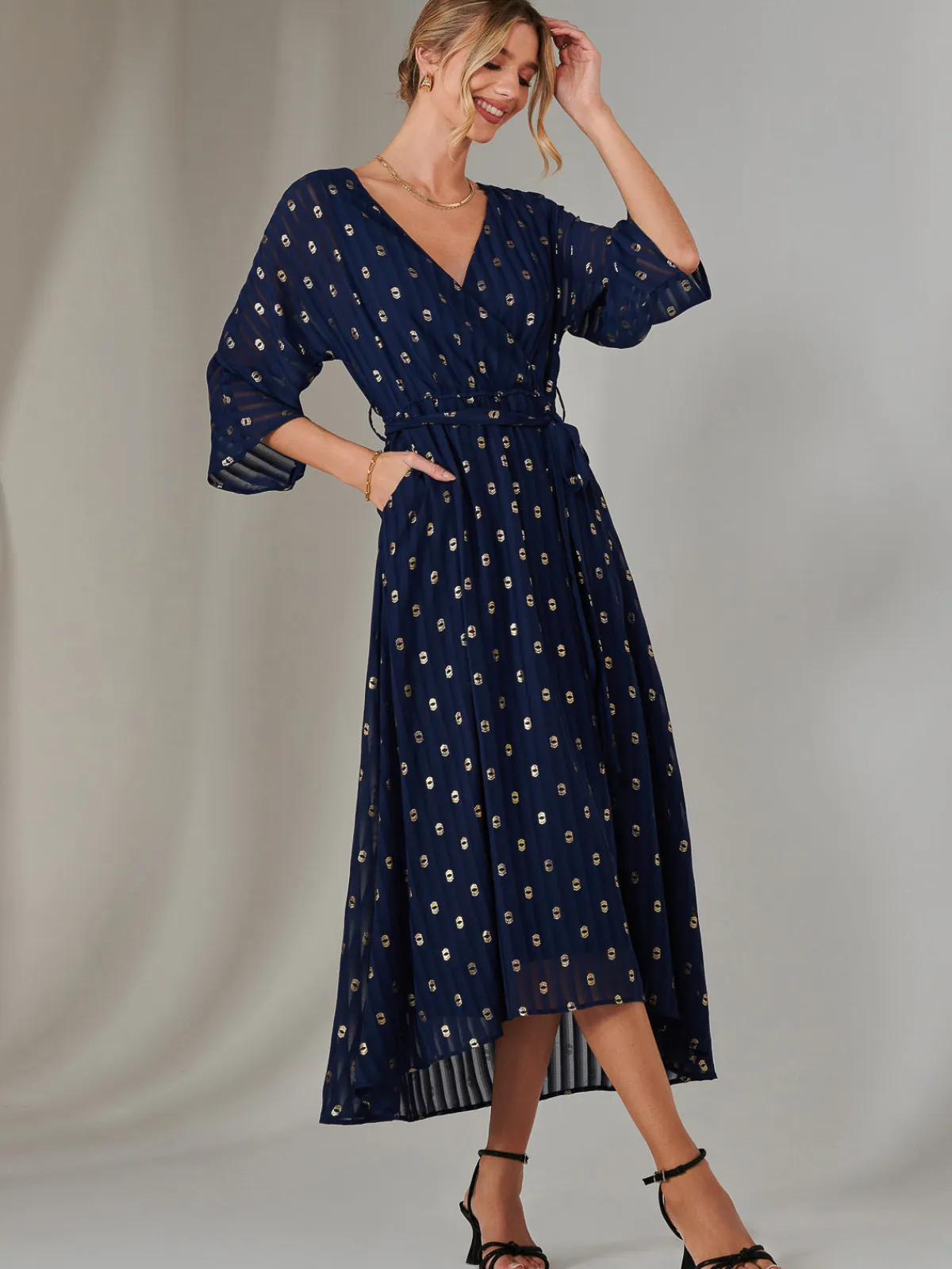 Jolie Moi Occasion Dresses|Wrap Dresses-Plain Gold Spot Chiffon Dress, Navy/Gold