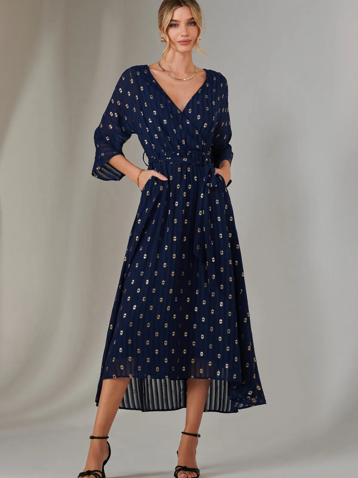 Jolie Moi Occasion Dresses|Wrap Dresses-Plain Gold Spot Chiffon Dress, Navy/Gold