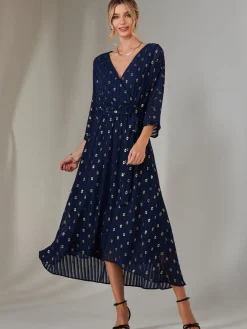 Jolie Moi Occasion Dresses|Wrap Dresses-Plain Gold Spot Chiffon Dress, Navy/Gold