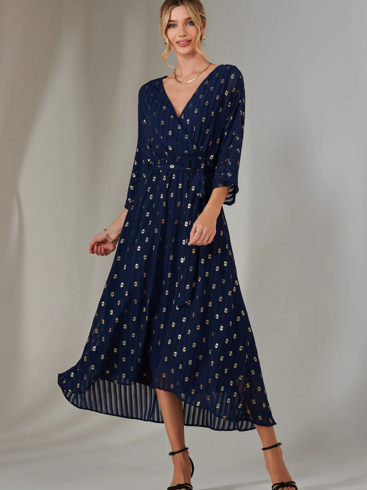 Jolie Moi Occasion Dresses|Wrap Dresses-Plain Gold Spot Chiffon Dress, Navy/Gold