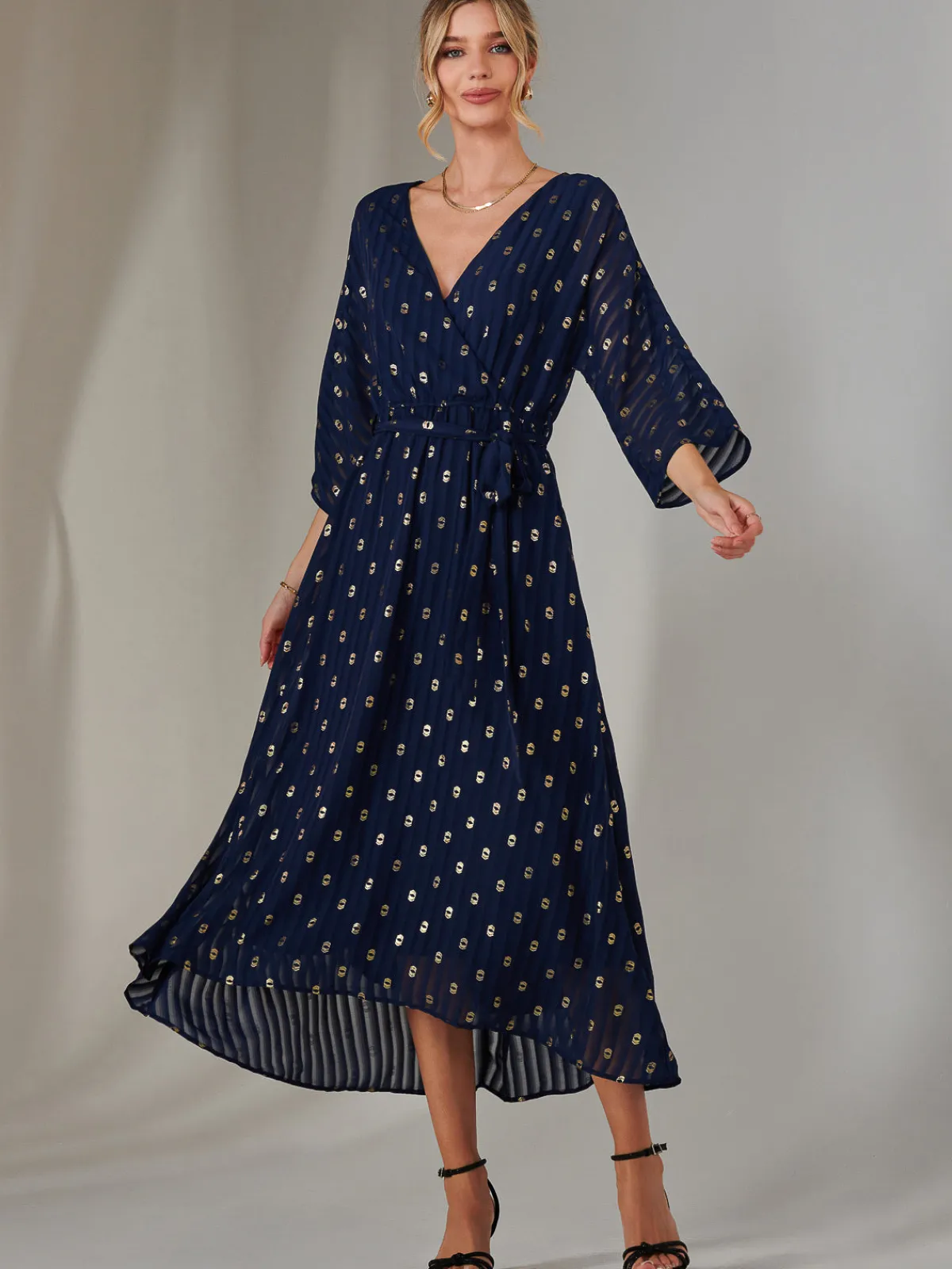 Jolie Moi Occasion Dresses|Wrap Dresses-Plain Gold Spot Chiffon Dress, Navy/Gold
