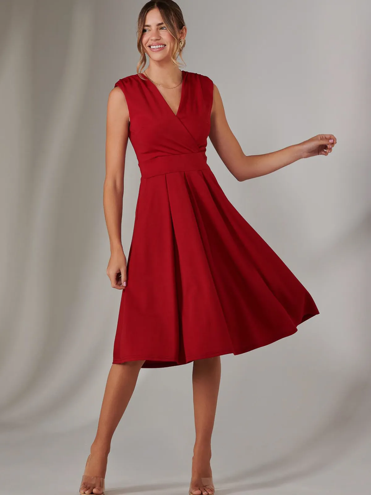 Jolie Moi Office Wear|Office Dresses-Plain Sleeveless Midi Dress, Burgundy