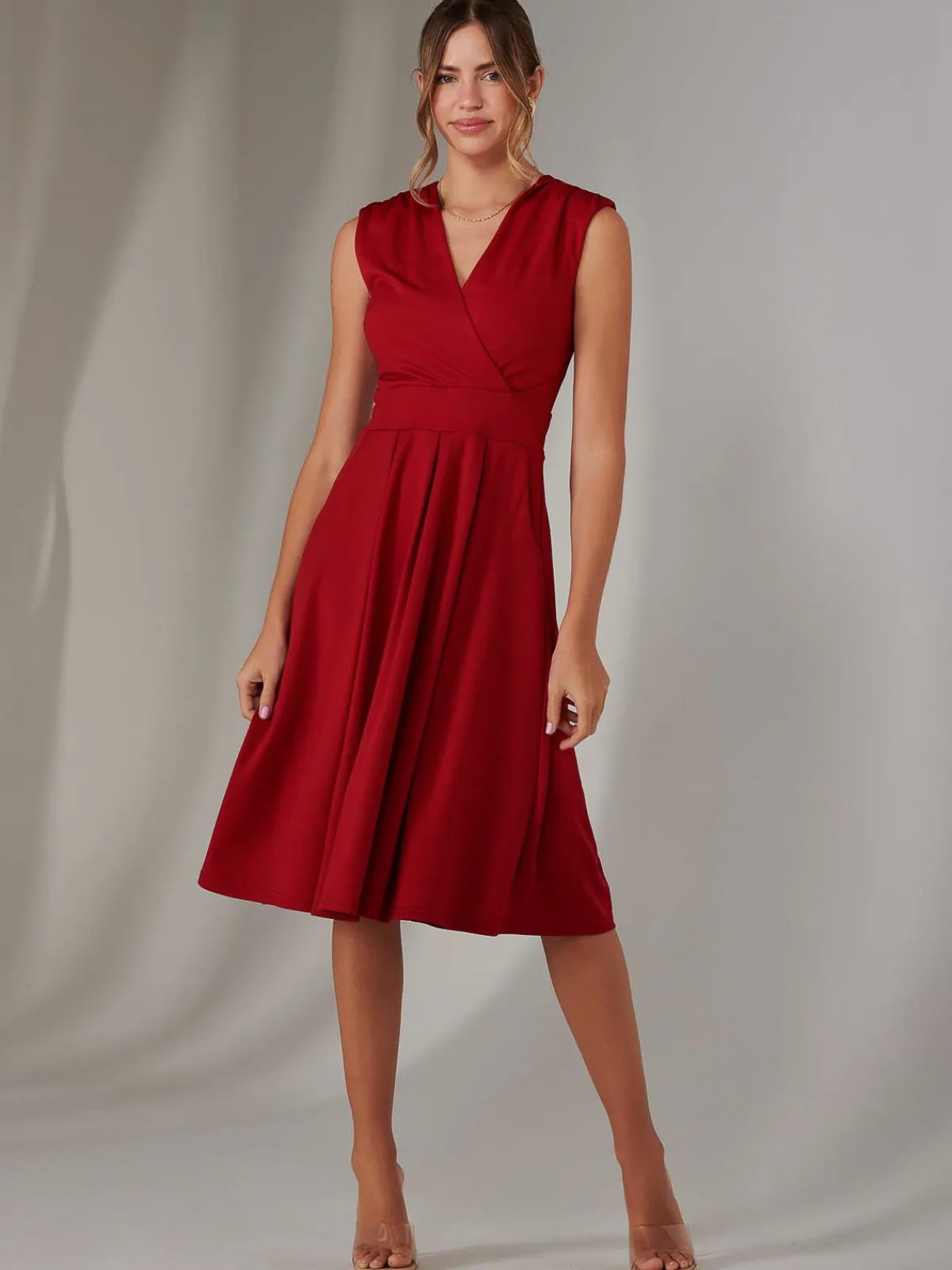 Jolie Moi Office Wear|Office Dresses-Plain Sleeveless Midi Dress, Burgundy