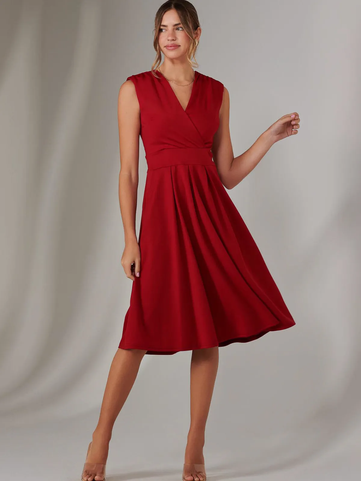 Jolie Moi Office Wear|Office Dresses-Plain Sleeveless Midi Dress, Burgundy