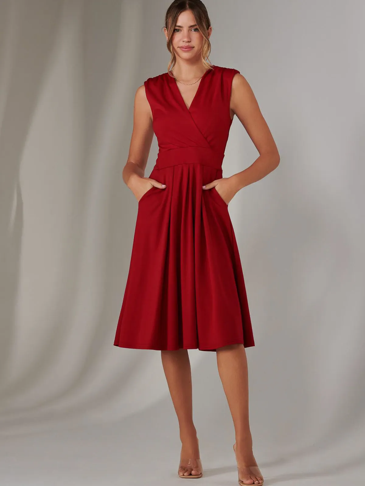 Jolie Moi Office Wear|Office Dresses-Plain Sleeveless Midi Dress, Burgundy