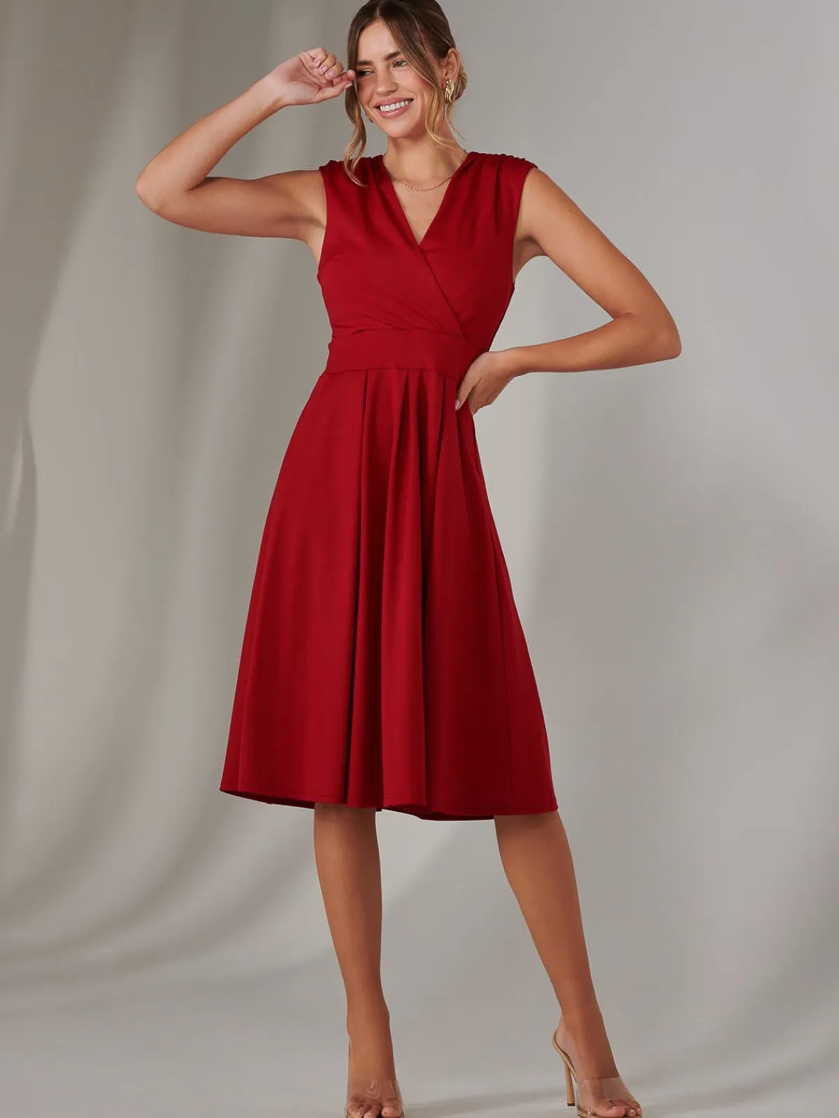 Jolie Moi Office Wear|Office Dresses-Plain Sleeveless Midi Dress, Burgundy