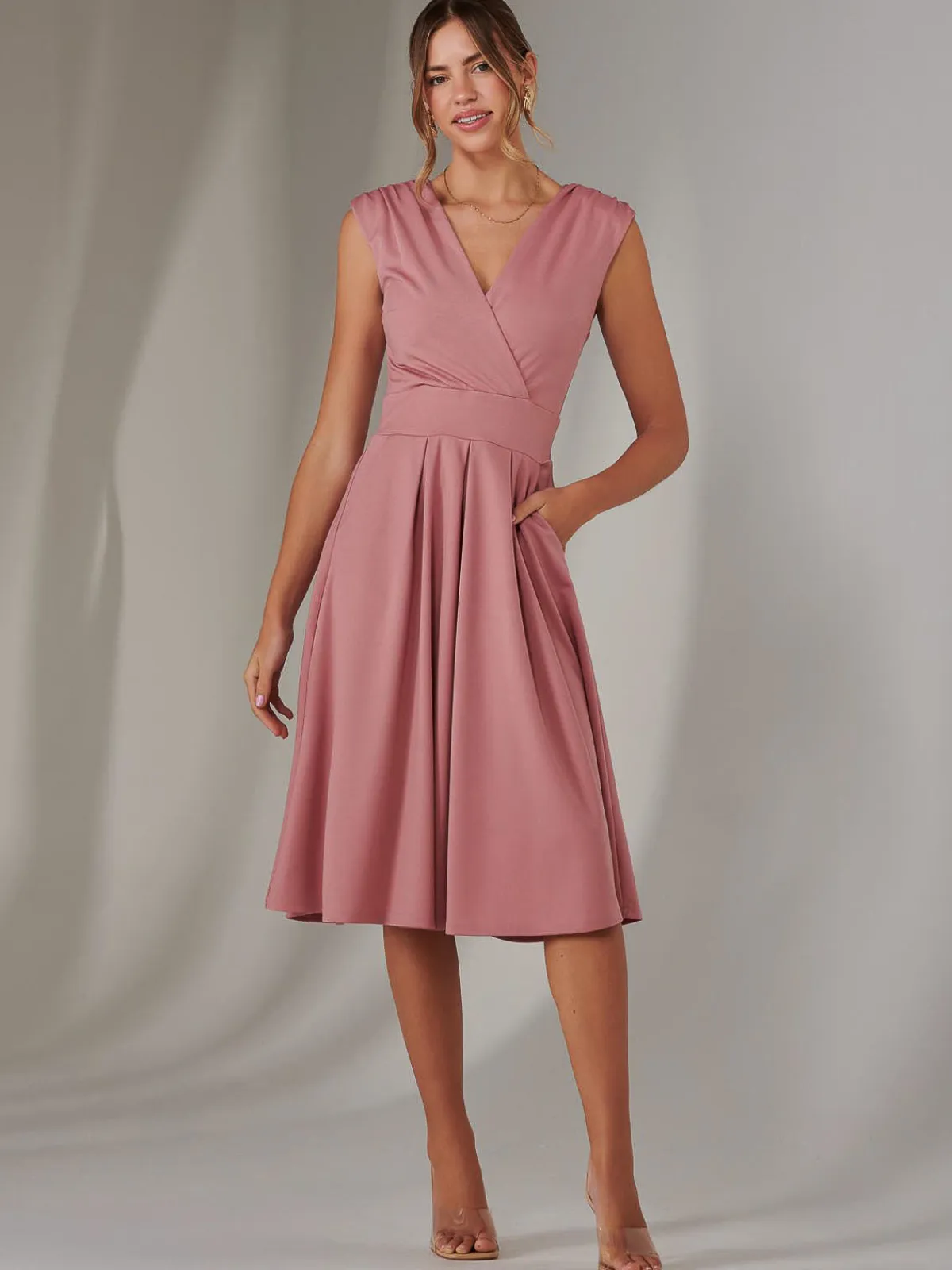 Jolie Moi Occasion Dresses|Sleeveless Dresses-Plain Sleeveless Midi Dress, Dusty Pink