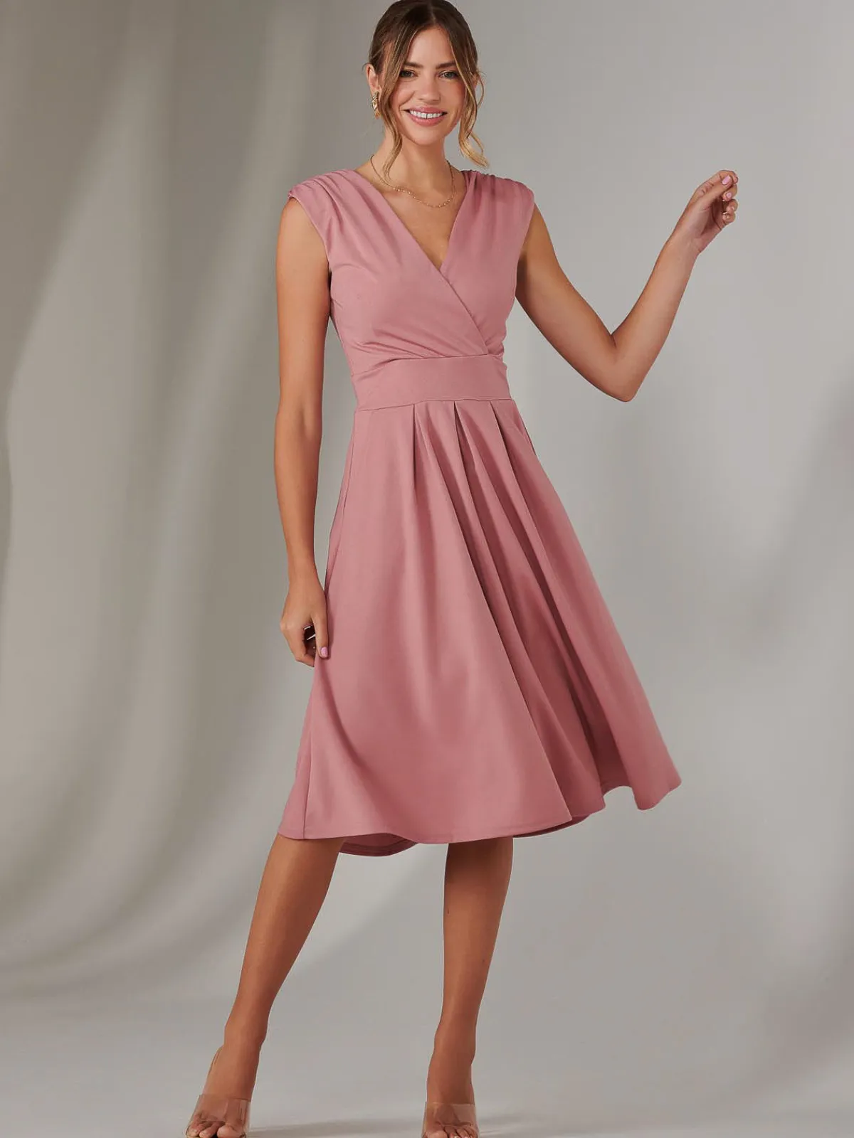 Jolie Moi Occasion Dresses|Sleeveless Dresses-Plain Sleeveless Midi Dress, Dusty Pink