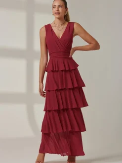 Jolie Moi Occasion Dresses|Sleeveless Dresses-Plain Tiered Mesh Maxi Dress, Burgundy