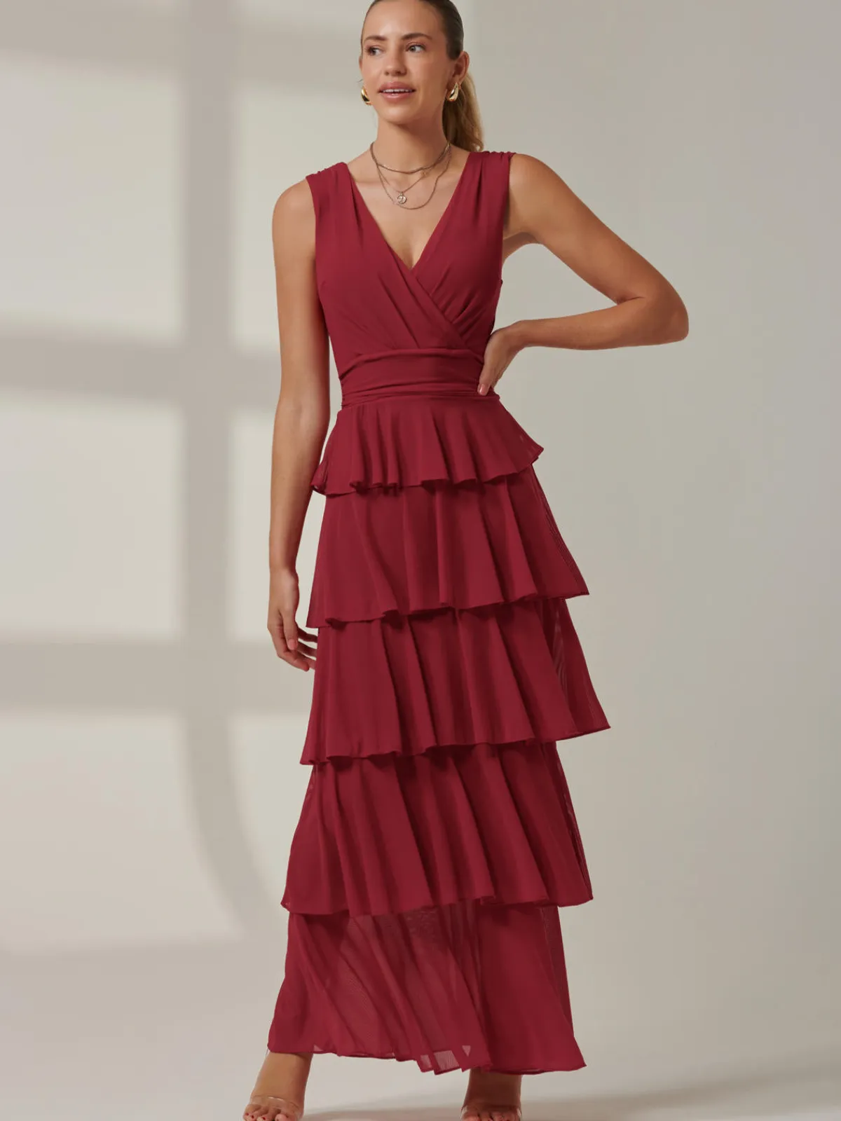 Jolie Moi Occasion Dresses|Sleeveless Dresses-Plain Tiered Mesh Maxi Dress, Burgundy