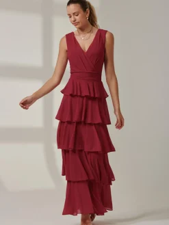 Jolie Moi Occasion Dresses|Sleeveless Dresses-Plain Tiered Mesh Maxi Dress, Burgundy