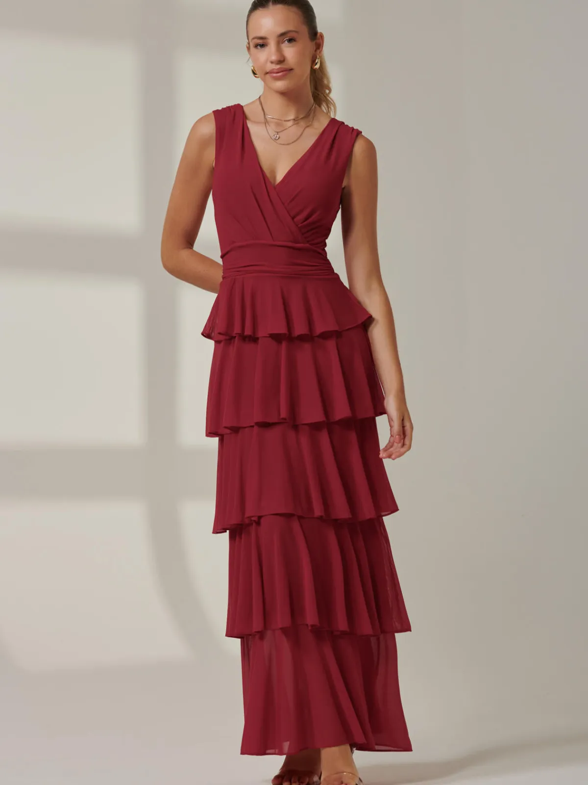 Jolie Moi Occasion Dresses|Sleeveless Dresses-Plain Tiered Mesh Maxi Dress, Burgundy