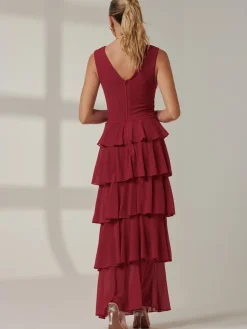 Jolie Moi Occasion Dresses|Sleeveless Dresses-Plain Tiered Mesh Maxi Dress, Burgundy