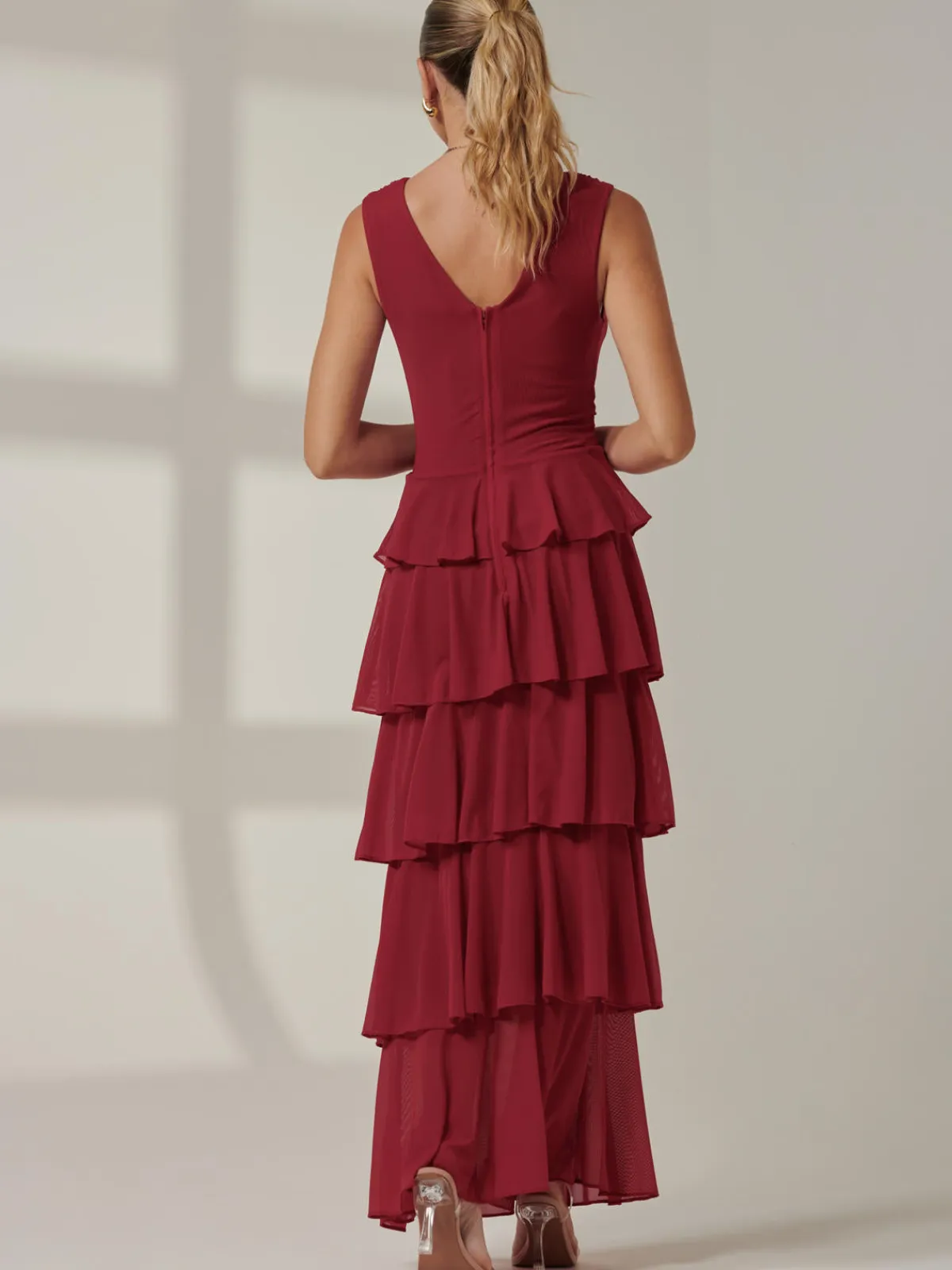 Jolie Moi Occasion Dresses|Sleeveless Dresses-Plain Tiered Mesh Maxi Dress, Burgundy