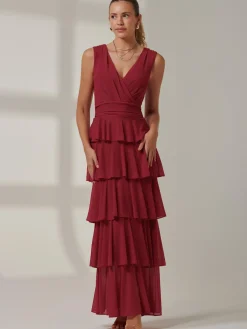 Jolie Moi Occasion Dresses|Sleeveless Dresses-Plain Tiered Mesh Maxi Dress, Burgundy